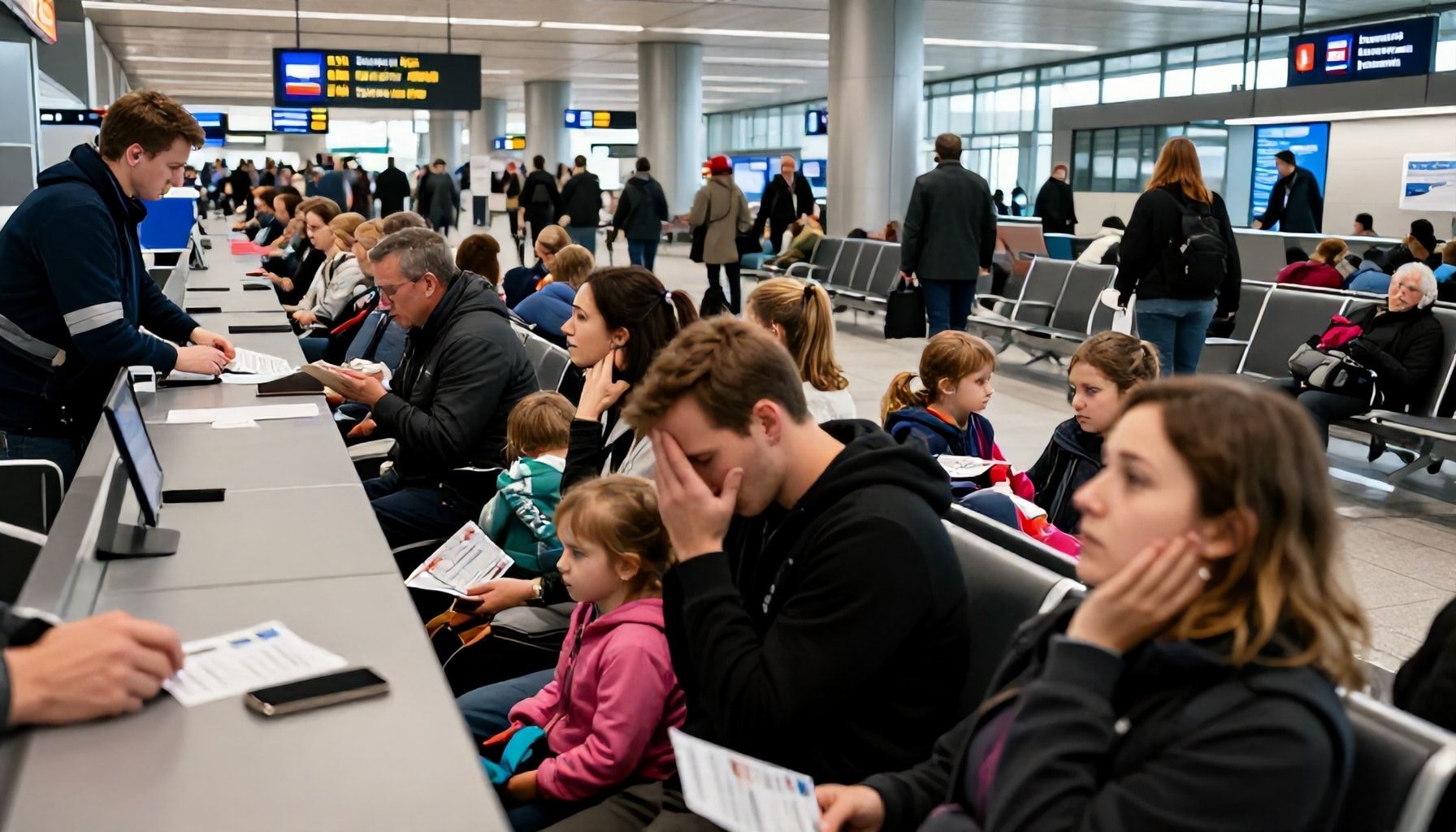 Betroffene Passagiere warten stundenlang am Flughafen