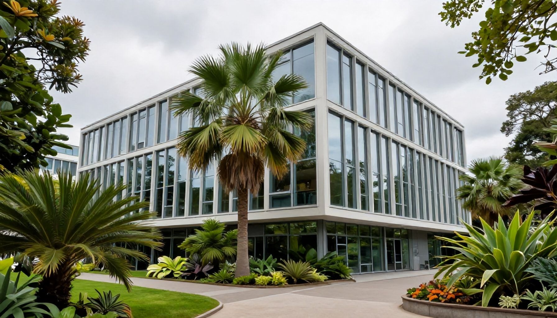 Moderne Architektur trifft auf tropische Pflanzenwelt
