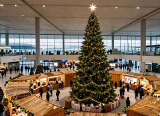 Münchner Flughafen eröffnet ersten Christkindlmarkt mit 20 Meter hoher Tanne und 35 Holzhütten