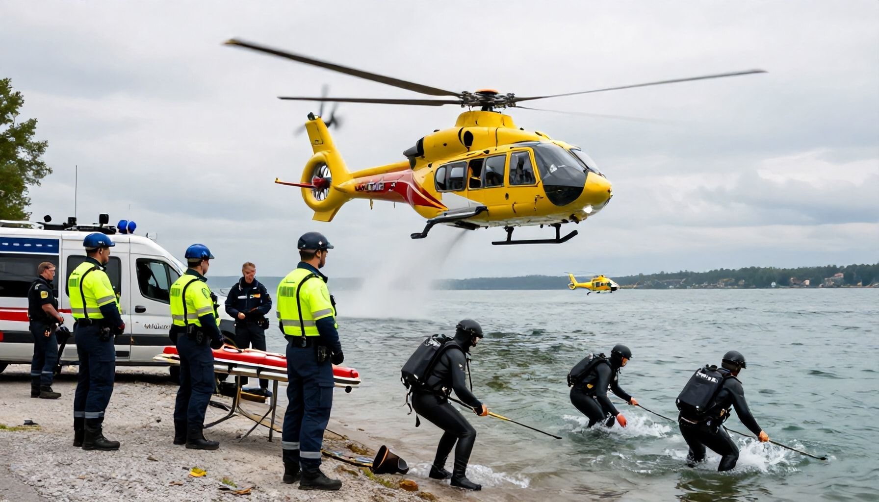 Rettungskräfte im Großeinsatz: Hubschrauber und Tauchteams