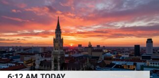 München begrüßt den Sonnenaufgang heute um 6:12 Uhr mit klarem Himmel