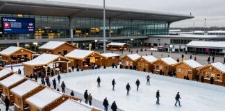 Münchner Flughafen verwandelt sich in Wintermarkt mit 60 Holzhütten und Eislaufbahn