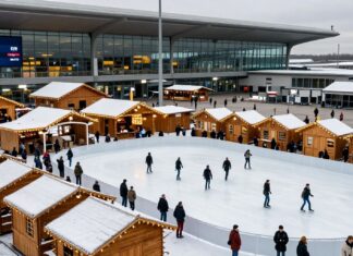 Münchner Flughafen verwandelt sich in Wintermarkt mit 60 Holzhütten und Eislaufbahn