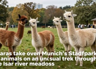 Alpakas erobern Münchens Stadtpark: 12 Tiere auf ungewöhnlicher Wanderung durch die Isarauen